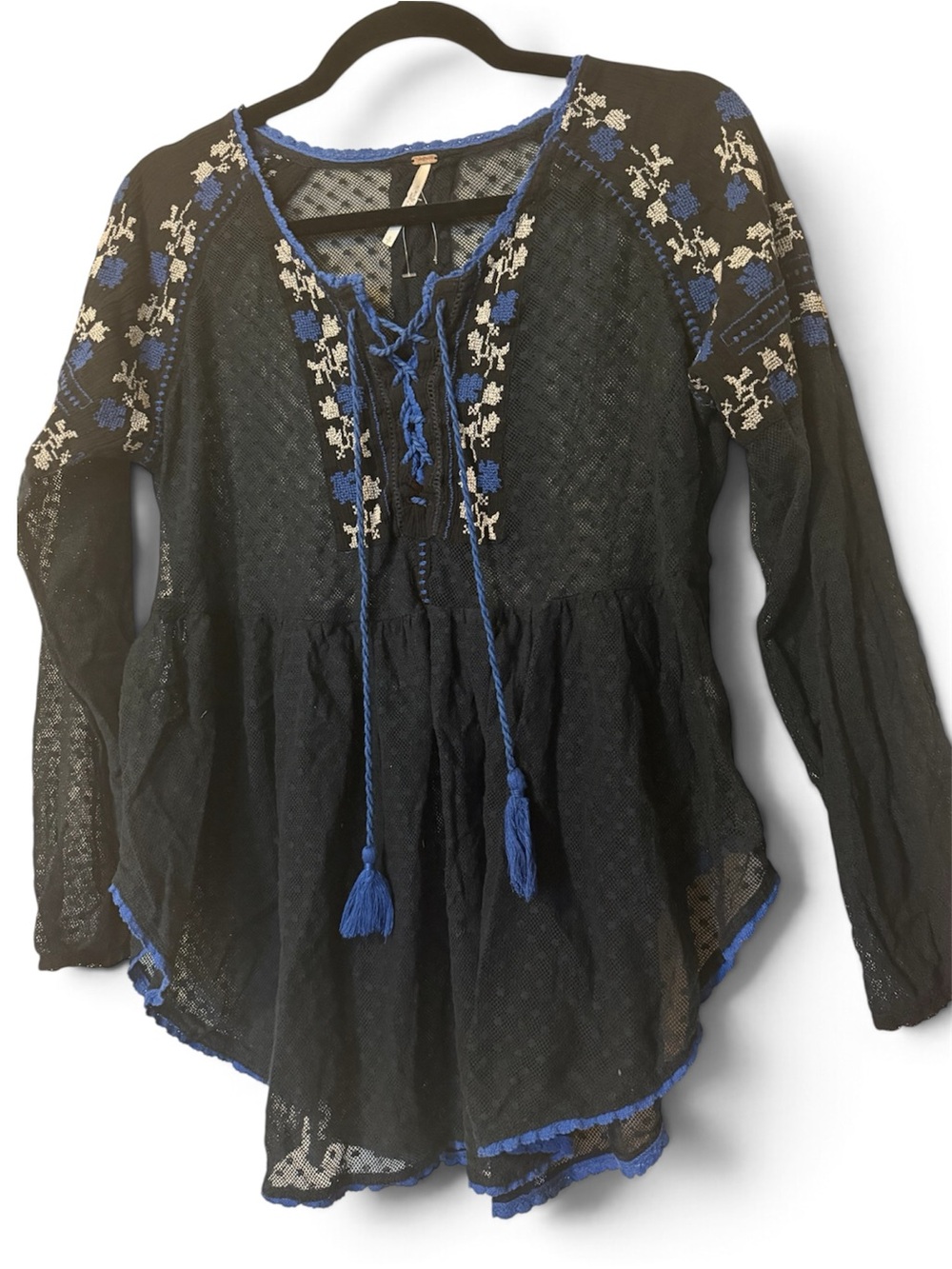 Free People Boho Navy Lace Peasant Top with Blue Embroidery